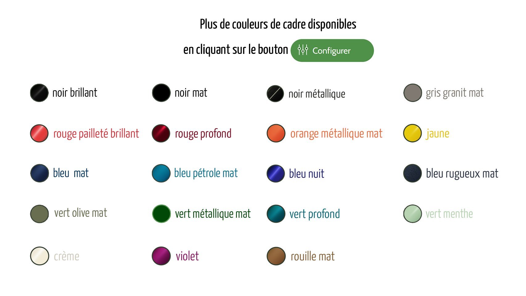19 couleurs de cadre différentes à choisir dans le configurateur du vélo 19 couleurs de cadre différentes à choisir dans le configurateur du vélo
