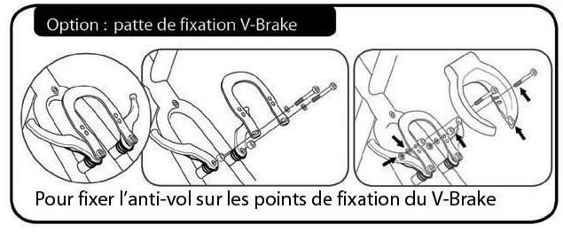 Fixation sur tasseau de frein V-Brake pour un antivol de cadre Axa Defender ou Solid