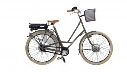 City Zen électrique avec cadre gris granit mat et panier acroché à la potence 
