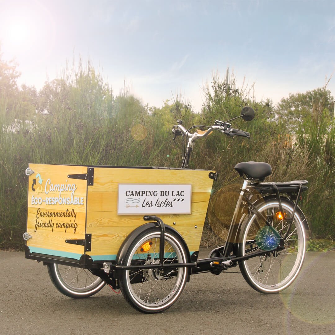 Triporteur électrique avec bancs enfants dans le coffre décoré 